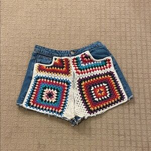 Farm Rio Colorful Crochet Patchwork Denim Shorts